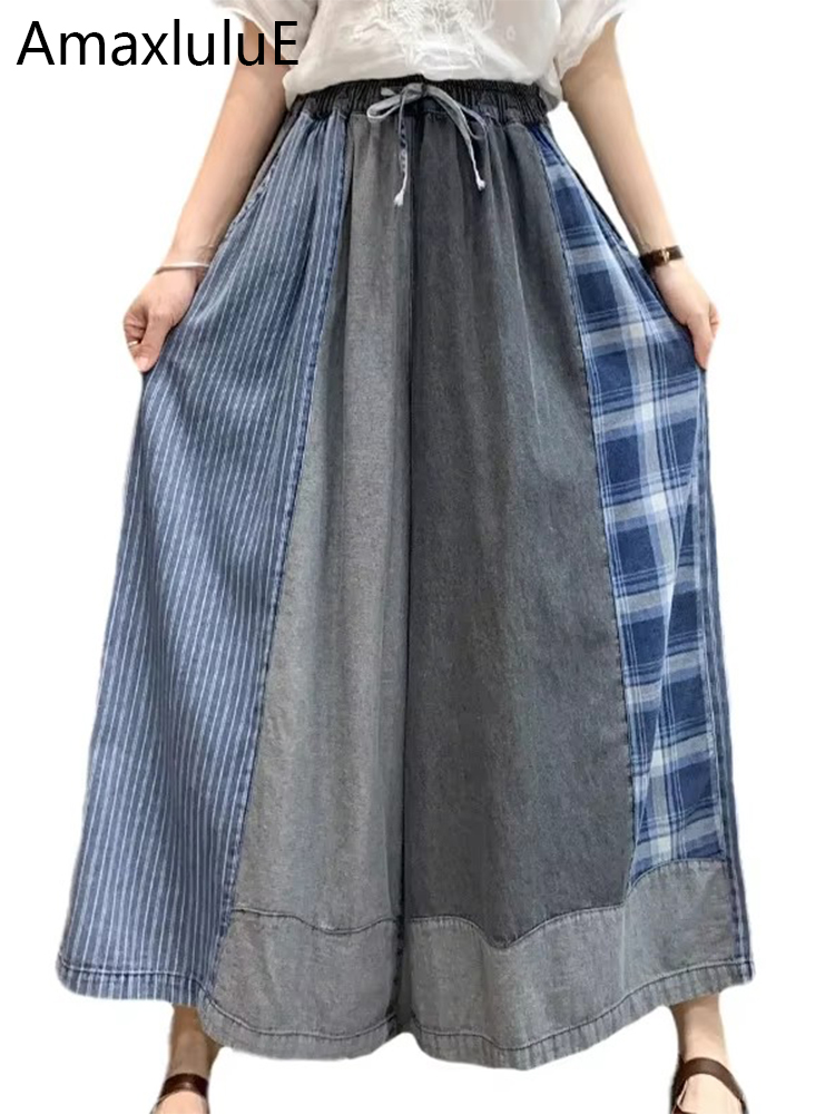 Vintage Fashion Plus Size - Amax luluE 秋のファッションプラスサイズのデニムパンツ女性チェック柄クラシックヴィンテージジーンズレディースストライプレジャールーズワイドレッグパンツ