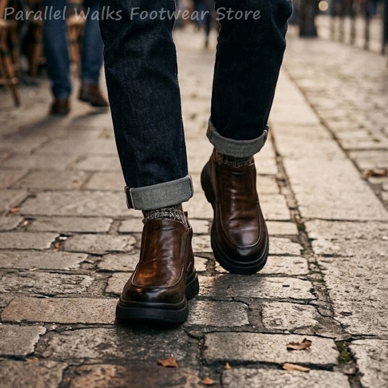 Vintage Fashion For Men - 厚底のチェルシーブーツ、メンズ、ヴィンテージ風、モカシンタイプ、アンクルブーツ、秋冬用、ミニマリスト、通勤用、ローファー、メンズ向け、カジュアルなファッションシューズ。