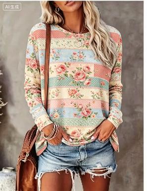 Printed Floral Shirt - レディース長袖Tシャツ パステルパッチワーク アジサイ柄 クルーネック ルーズ カジュアル