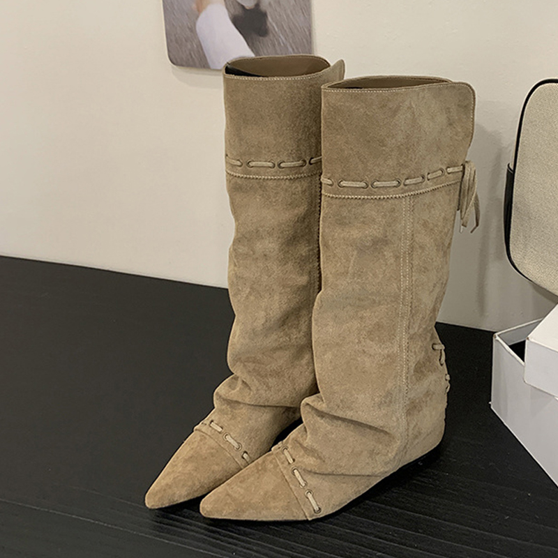 Vintage Fashion Style - Liyke ファッションデザイン巾着レースアップニーハイブーツ女性ヴィンテージポインテッドトゥ内側高さ増加ロング靴 Bota Ş Mujer