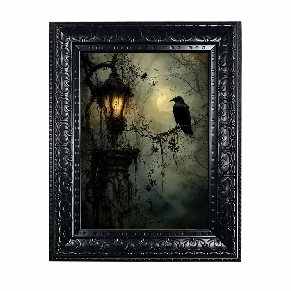 Vintage Fashion Wall Art - ハロウィンウォールアート、フレーム付きキャンバスウォールアート、ゴシッククロウヴィンテージランタンプリント、ダークアカデミア、スプーキーモーディホームデコレーション用