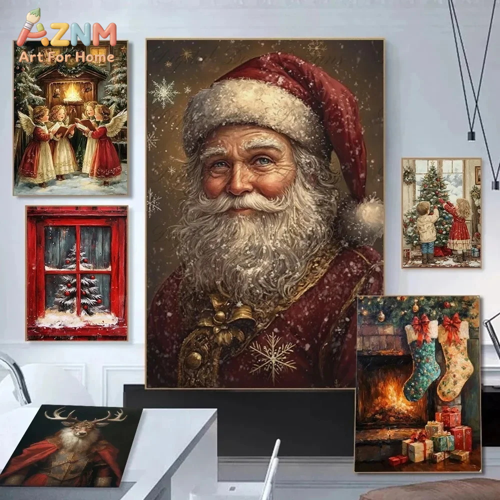 Vintage Fashion Wall Art - ヴィンテージクリスマスポスタープリント リビングルーム用 冬のクリスマス サンタクロース装飾 メリークリスマスツリー キャンバス絵画