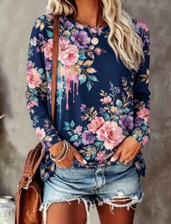 Printed Floral Shirt - レディース花柄プリントトップス ネイビーブルー カラフル 長袖 クルーネック Tシャツ