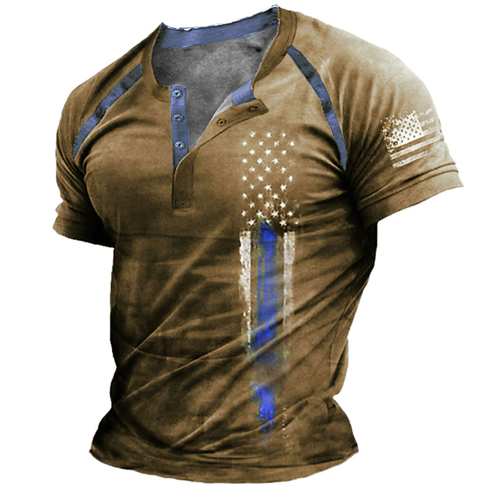 Vintage Fashion For Men - 面白い 3D アメリカ国旗プリントメンズヘンリーシャツファッションヘンリーカラー半袖トップス夏ストリートヴィンテージ服カジュアル Tシャツ