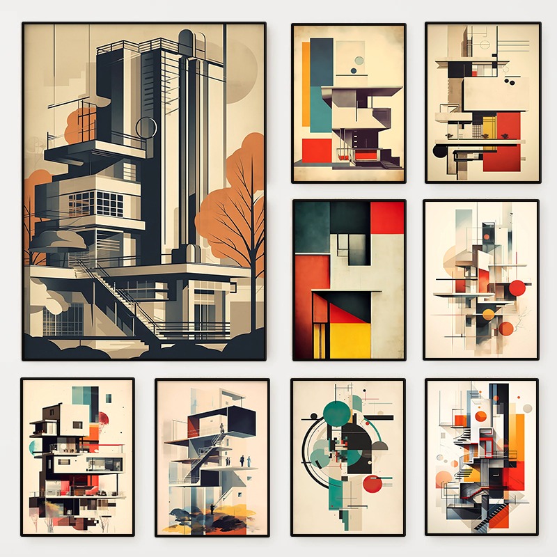 Vintage Fashion Wall Art - ヴィンテージミニマリストバウハウス建築スケッチポスター抽象幾何学キャンバス絵画壁アートリビングルーム家の装飾ムラ
