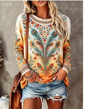 Printed Floral Shirt - レディース長袖Tシャツ ヴィンテージ風 てんとう虫と野花柄 クルーネック ルーズ カジュアル