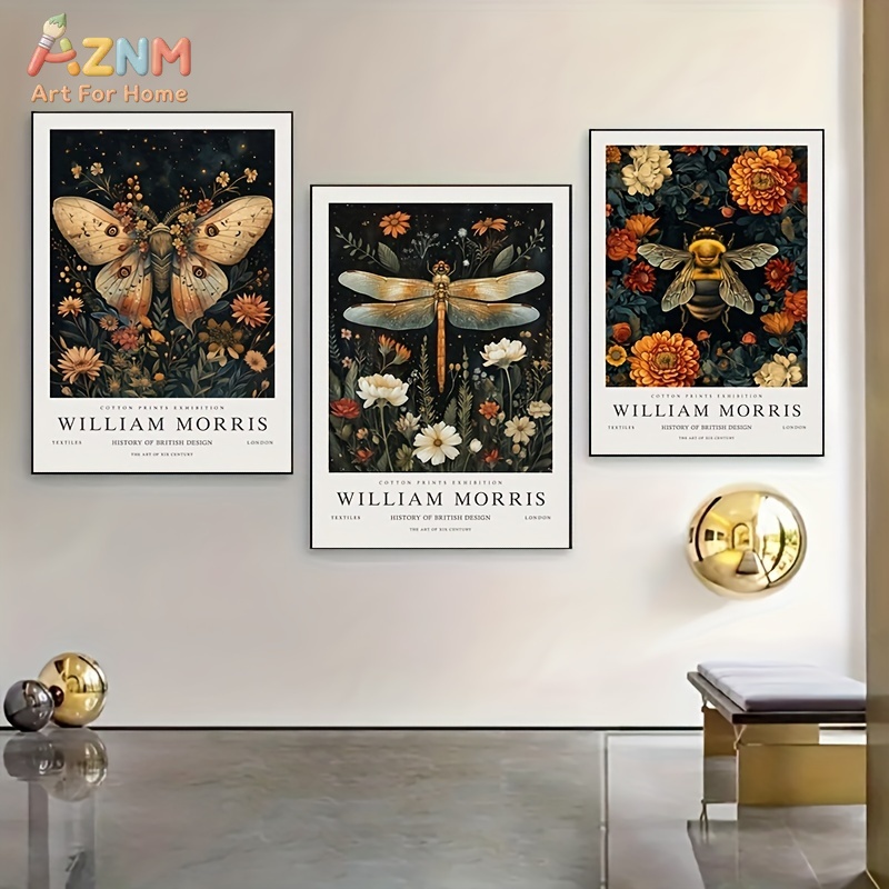 Vintage Fashion Wall Art - ウィリアムモリスヴィンテージ植物昆虫キャンバスウォールアートプリント3枚セット、レトロな蛾、トンボ、蜂の花柄アートワークポスター、フレームなし
