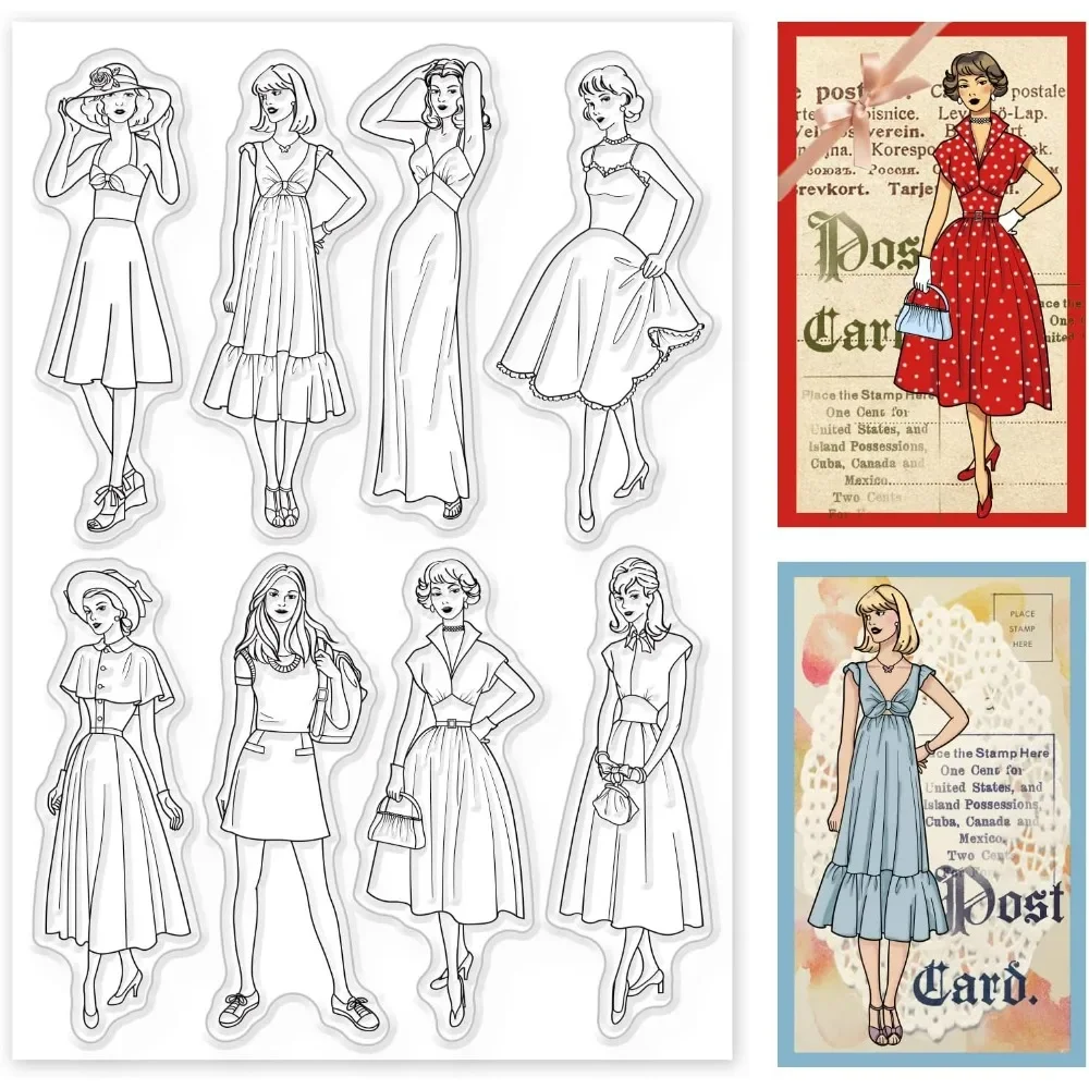 Vintage Fashion Journal - 透明なシリコンクリアスタンプ、女性とヴィンテージのドレス、スクラップブックジャーナル、人々、ファッションのためのゴム印