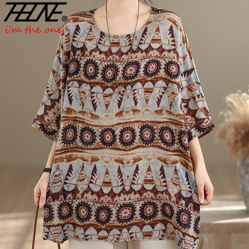 Vintage Fashion Plus Size - THHONE プラスサイズのファッション夏の女性のブラウスコットンリネンカジュアルルーズプリントパッチワーク O ネックヴィンテージインディーフォークオーバーサイズトップ