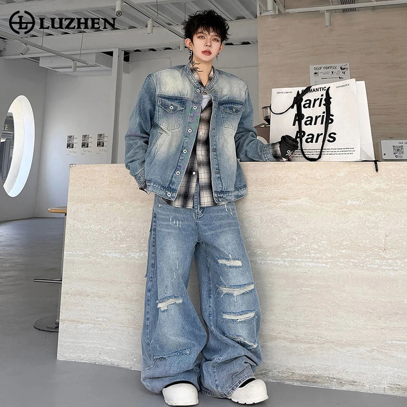 Vintage Fashion For Men - LUZHEN 2026 秋 ヴィンテージウォッシュデニム ツーピースセット メンズファッション