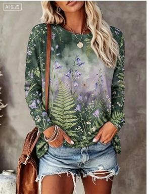 Printed Floral Shirt - レディース長袖Tシャツ グラデーション背景 水彩花鳥柄 クルーネック ルーズ カジュアル