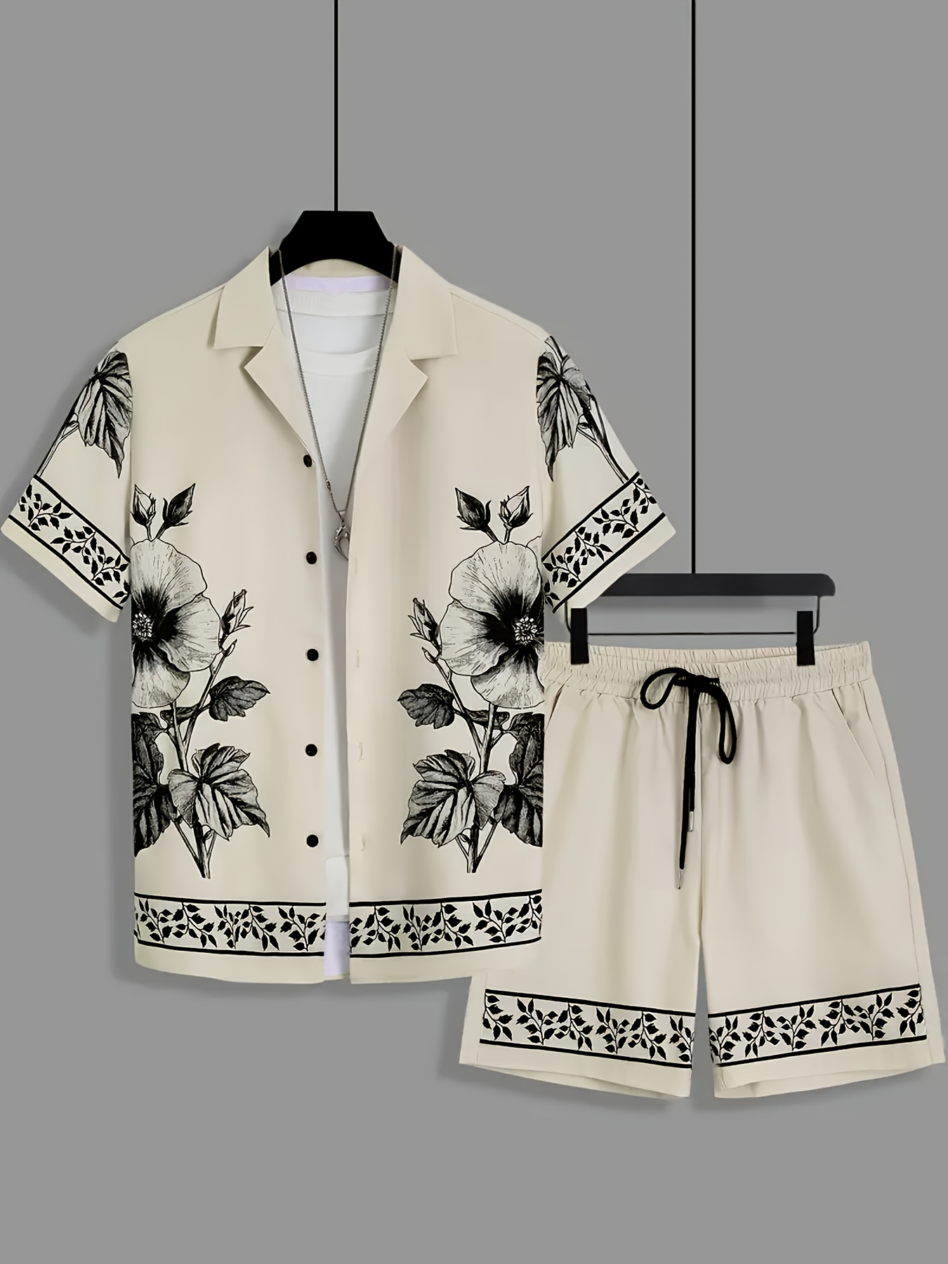 Printed Floral Shirt - メンズ ルーズ ツーピース セット スケッチ 花柄ボーダー