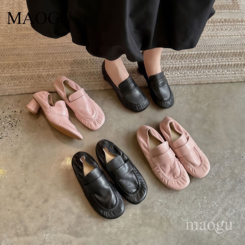 Vintage Fashion Style - ソフトレザーローファー女性のプリーツラウンドトゥスリッポンミッドヒールコンフォートパンプスヴィンテージエレガントレディースカジュアルシューズサイズ35-40