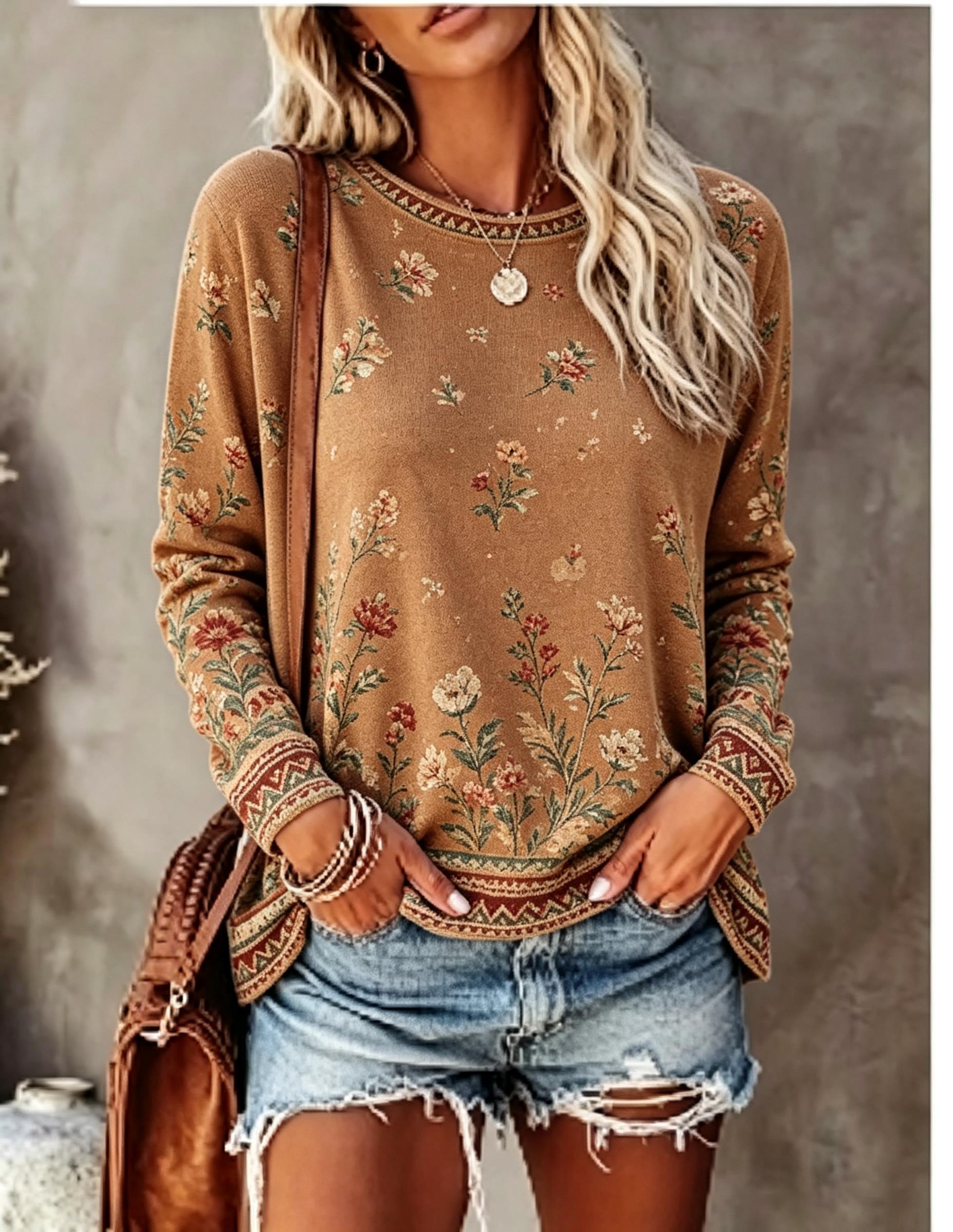 Printed Floral Shirt - レディースクルーネック長袖Tシャツ、ヴィンテージフローラルローズプリントカジュアルルーズプルオーバートップス