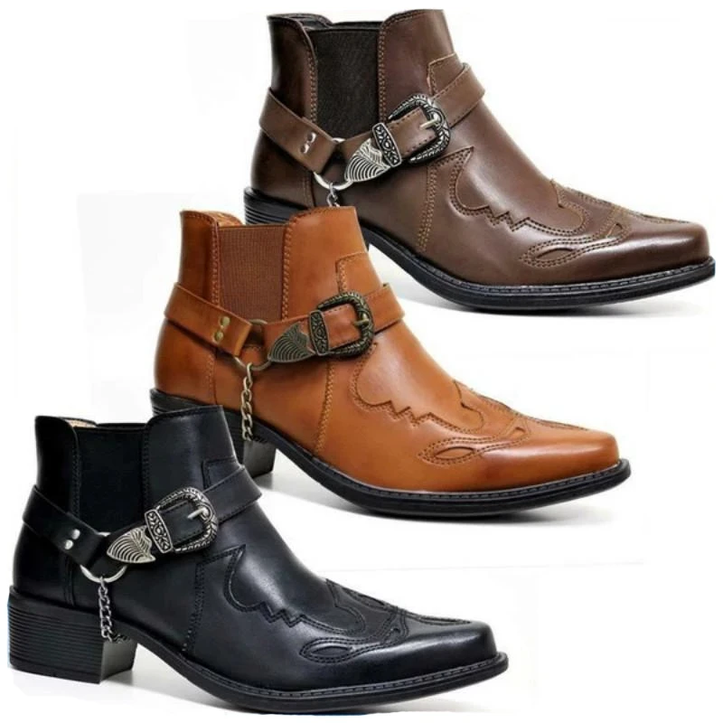 Vintage Fashion For Men - 2026年メンズヴィンテージカウボーイブーツ、レザーハイカットチェーンバックルストラップパンクシューズ、ポインテッドトゥバイカーアンクルブーツ