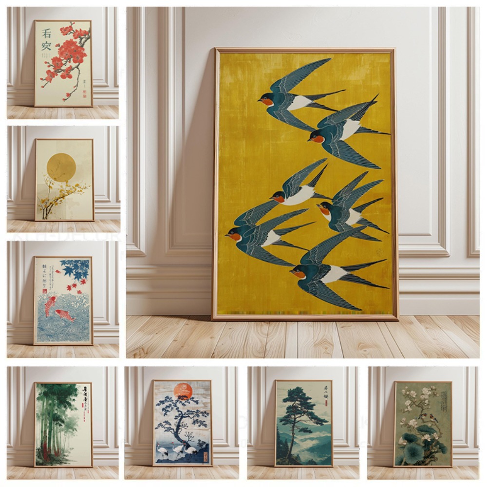 Vintage Fashion Wall Art - 日本の鶴のポスター、ヴィンテージ浮世絵ウォールアート、赤い太陽と松の木のプリント、伝統的な日本美術作品、オリエンタルな家の装飾