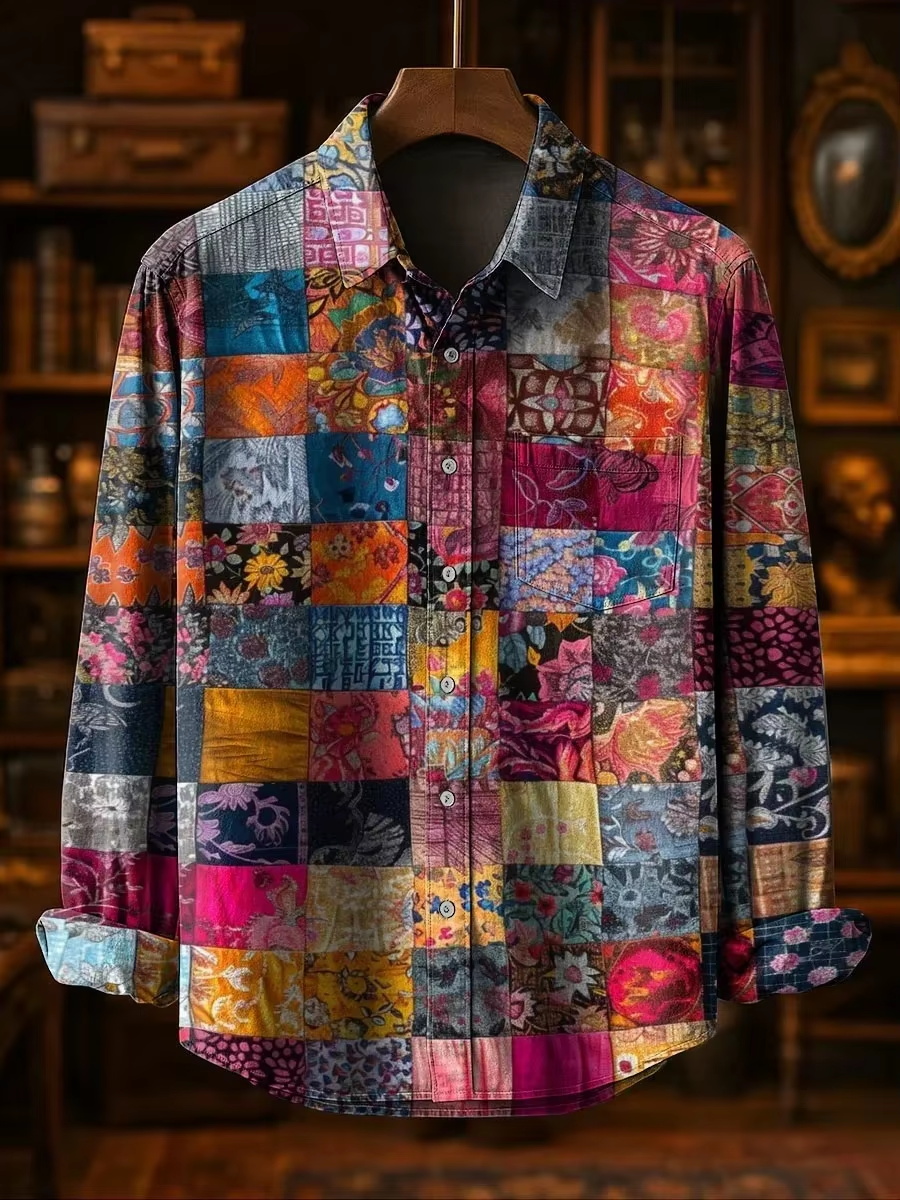 Printed Floral Shirt - メンズファッション カジュアルファッション パッチワークデザイン リネンシャツ 花柄3Dプリント 新スタイル