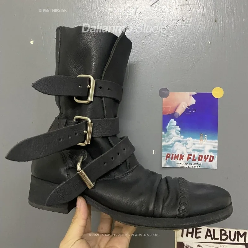 ファッションメンズ本革バイクブーツバックルストラップミッドカ - Vintage Fashion Style のレビューと価格