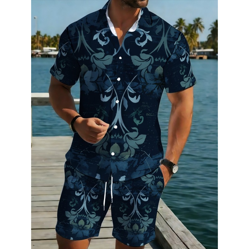 ネイビーブルーの花柄プリントメンズ半袖シャツ＆ショーツセット - Printed Floral Shirt のレビューと価格
