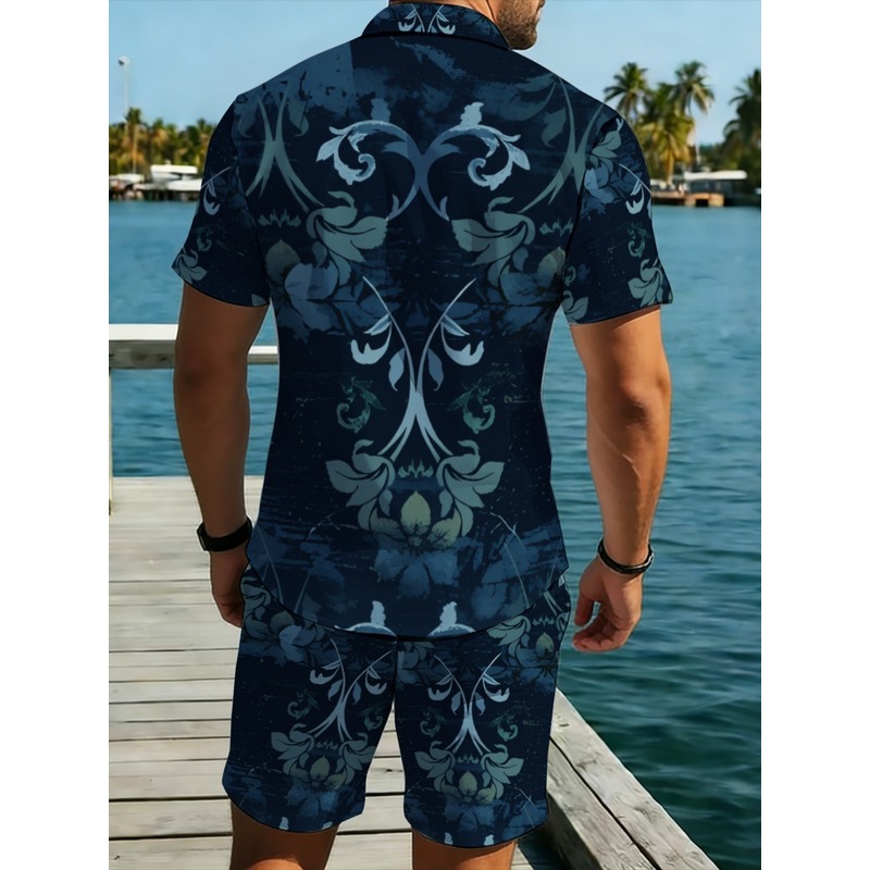 ネイビーブルーの花柄プリントメンズ半袖シャツ＆ショーツセット - Printed Floral Shirt のレビューと価格