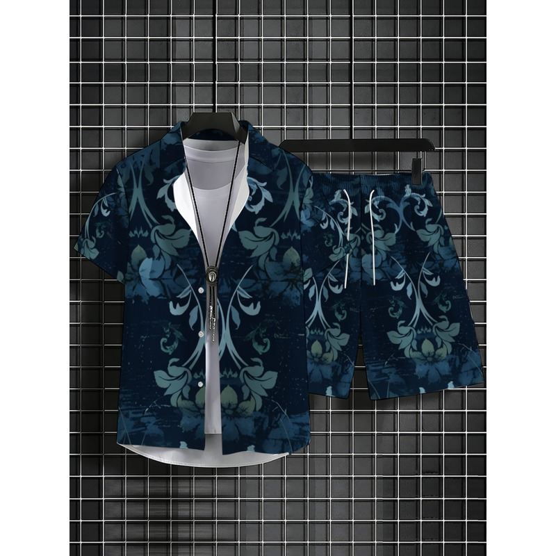 ネイビーブルーの花柄プリントメンズ半袖シャツ＆ショーツセット - Printed Floral Shirt のレビューと価格