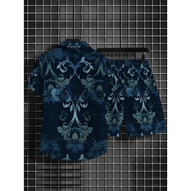 ネイビーブルーの花柄プリントメンズ半袖シャツ＆ショーツセット - Printed Floral Shirt のレビューと価格