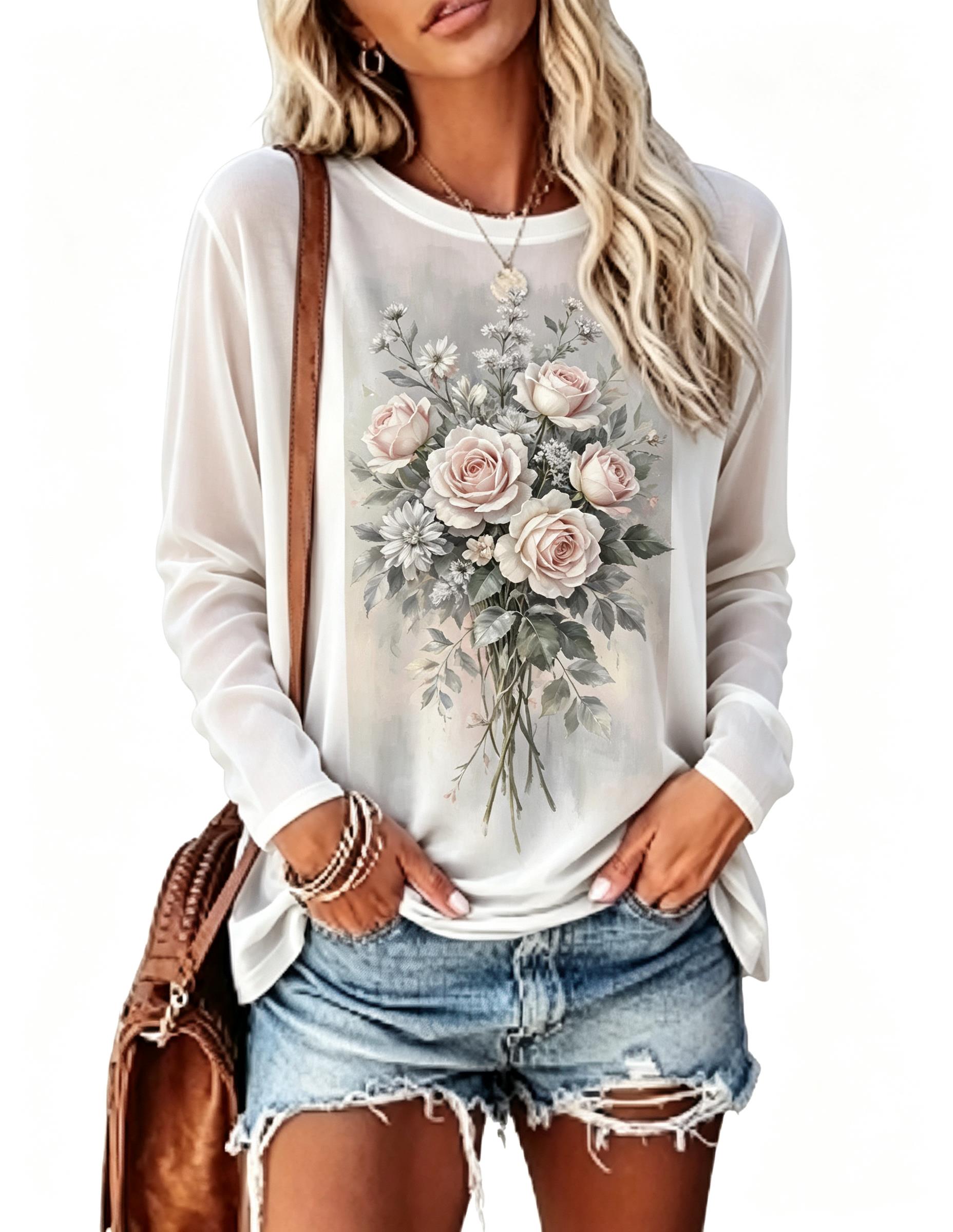 レディース長袖Tシャツ ヴィンテージピンクローズフラワーブー - Printed Floral Shirt のレビューと価格