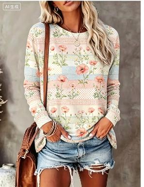 レディース長袖Tシャツ パステルパッチワーク アジサイ柄 ク - Printed Floral Shirt のレビューと価格