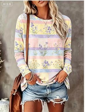 レディース長袖Tシャツ パステルパッチワーク アジサイ柄 ク - Printed Floral Shirt のレビューと価格