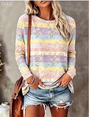 レディース長袖Tシャツ パステルパッチワーク アジサイ柄 ク - Printed Floral Shirt のレビューと価格