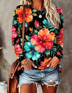 レディース花柄プリントトップス ネイビーブルー カラフル 長 - Printed Floral Shirt のレビューと価格