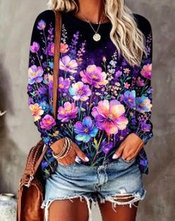 レディース花柄プリントトップス ネイビーブルー カラフル 長 - Printed Floral Shirt のレビューと価格