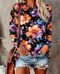 レディース花柄プリントトップス ネイビーブルー カラフル 長 - Printed Floral Shirt のレビューと価格