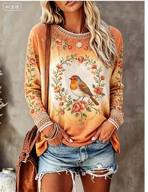 レディース長袖Tシャツ ヴィンテージ風 てんとう虫と野花柄  - Printed Floral Shirt のレビューと価格