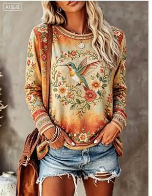 レディース長袖Tシャツ ヴィンテージ風 てんとう虫と野花柄  - Printed Floral Shirt のレビューと価格