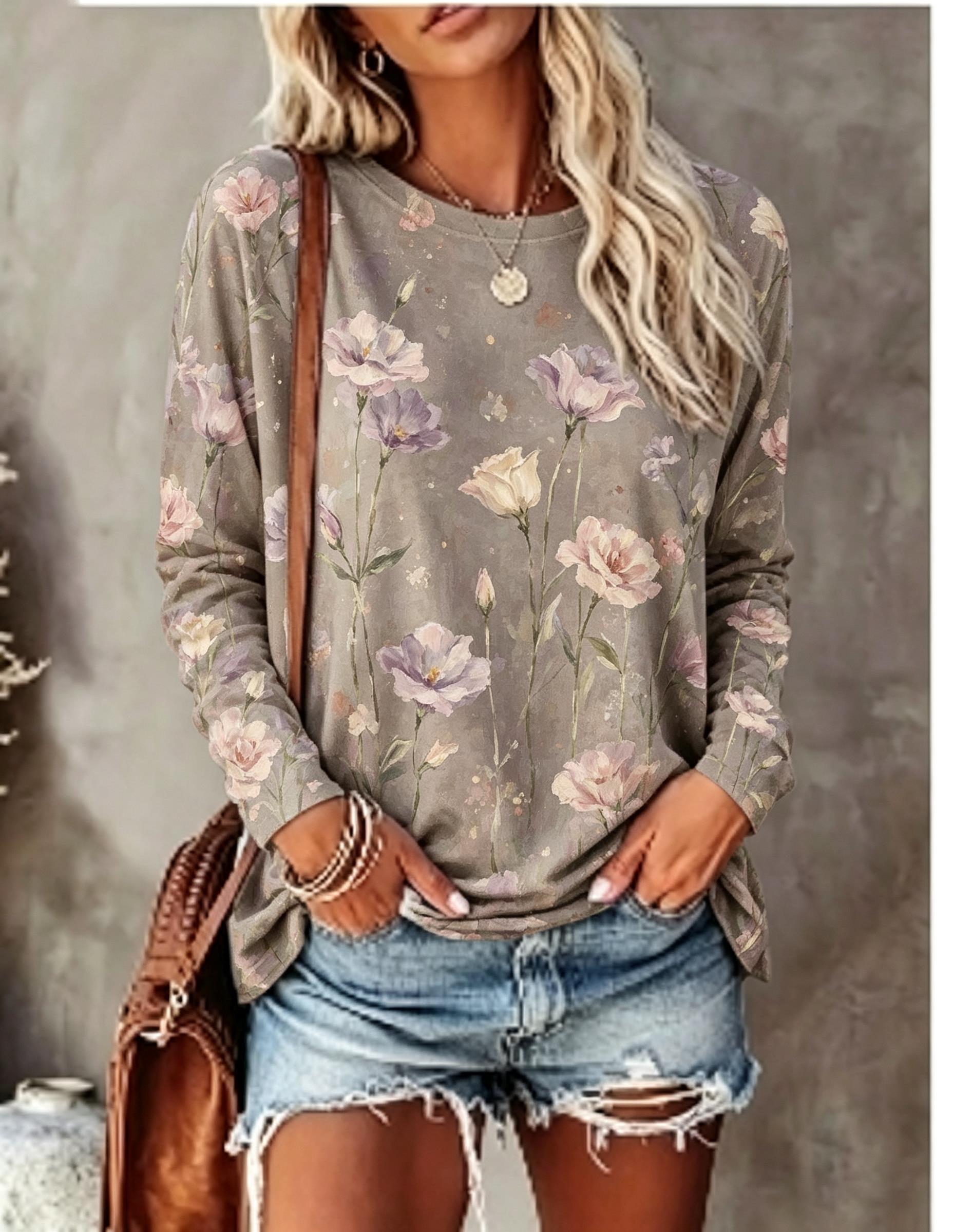 レディース長袖Tシャツ 油絵 アイリス 花柄 ヴィンテージ  - Printed Floral Shirt のレビューと価格