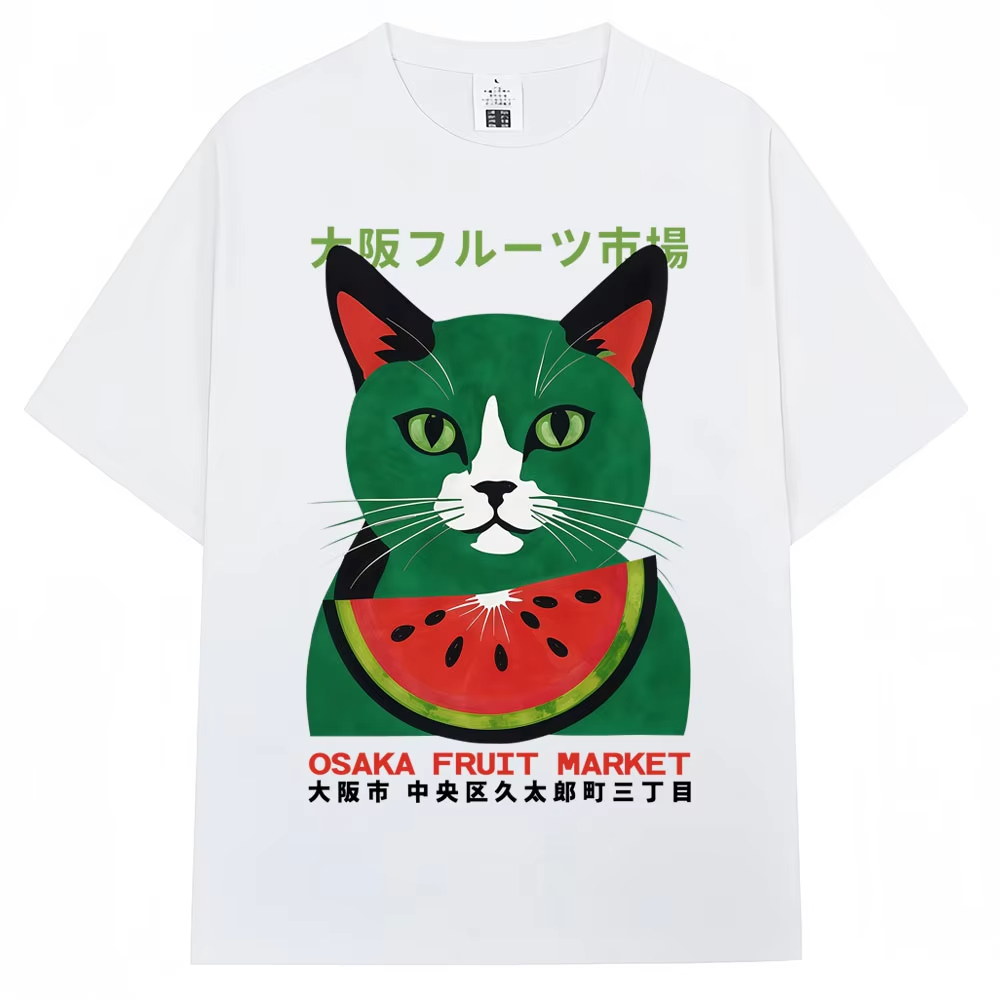 日本のスタイル、面白い大阪の果物市場をモチーフにした猫柄Tシ - Vintage Fashion Market のレビューと価格