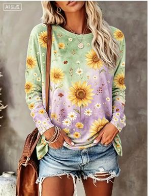 レディース長袖Tシャツ グラデーション背景 水彩花鳥柄 クル - Printed Floral Shirt のレビューと価格