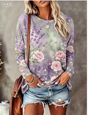 レディース長袖Tシャツ グラデーション背景 水彩花鳥柄 クル - Printed Floral Shirt のレビューと価格