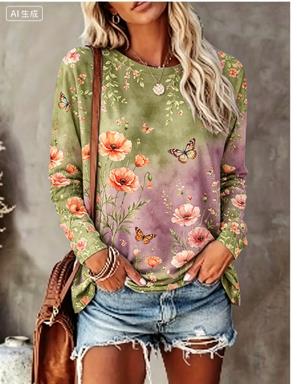 レディース長袖Tシャツ グラデーション背景 水彩花鳥柄 クル - Printed Floral Shirt のレビューと価格