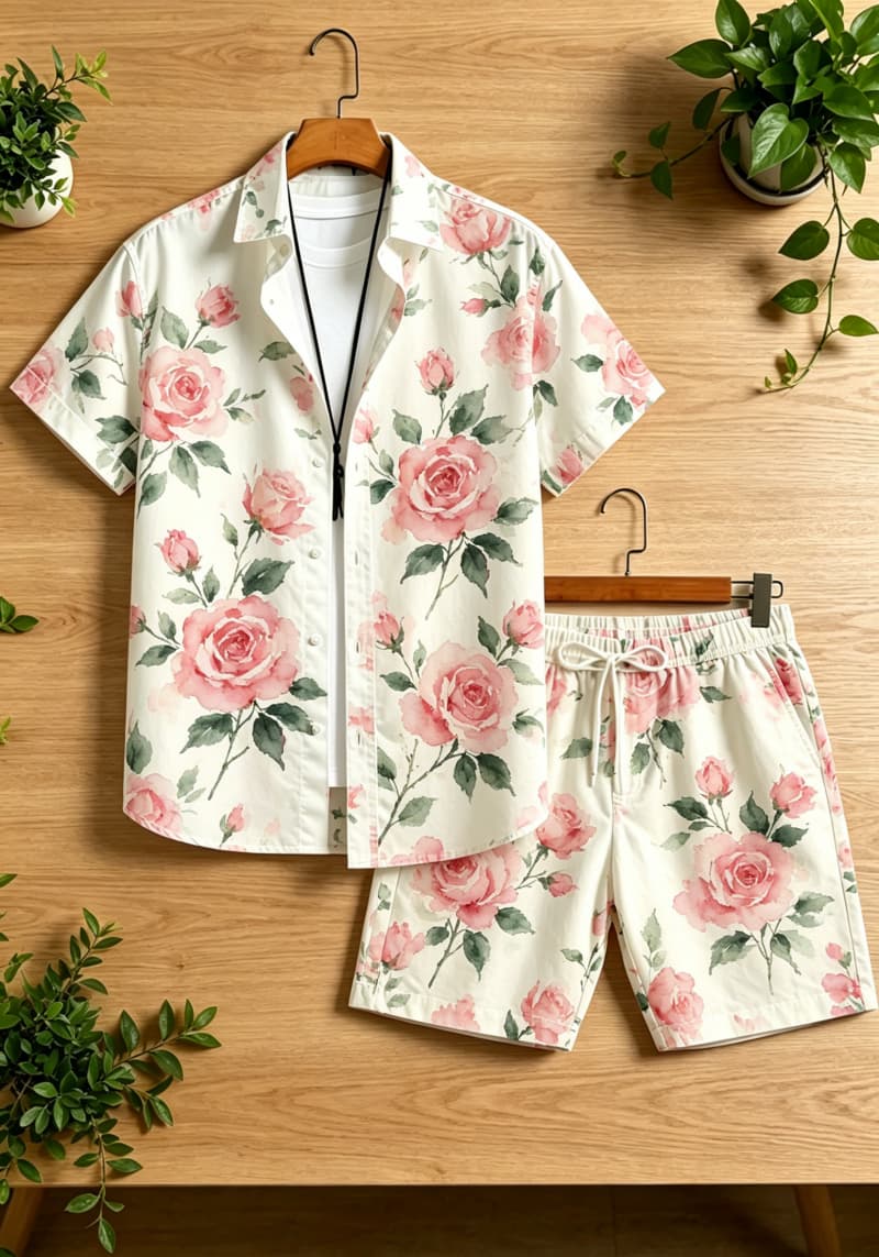 水彩花柄プリントのメンズツーピースセット、半袖シャツとドロー - Printed Floral Shirt のレビューと価格