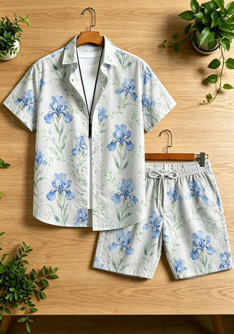 水彩花柄プリントのメンズツーピースセット、半袖シャツとドロー - Printed Floral Shirt のレビューと価格