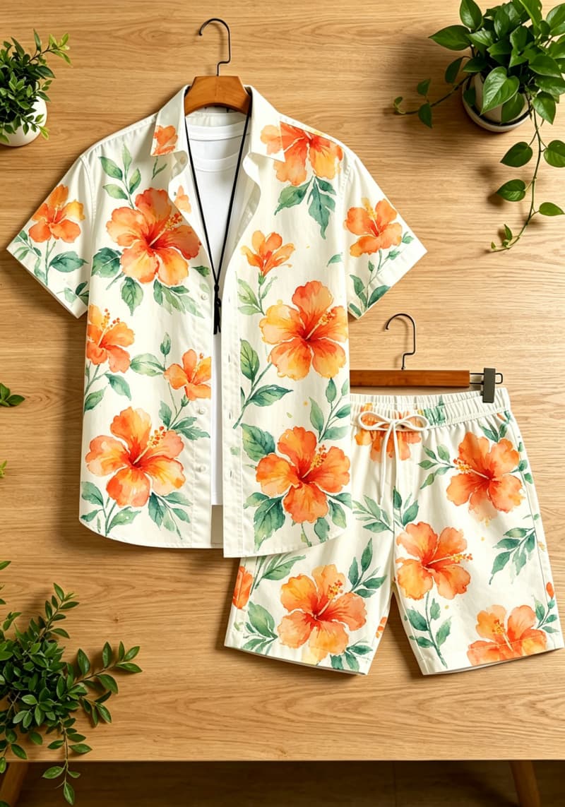 水彩花柄プリントのメンズツーピースセット、半袖シャツとドロー - Printed Floral Shirt のレビューと価格