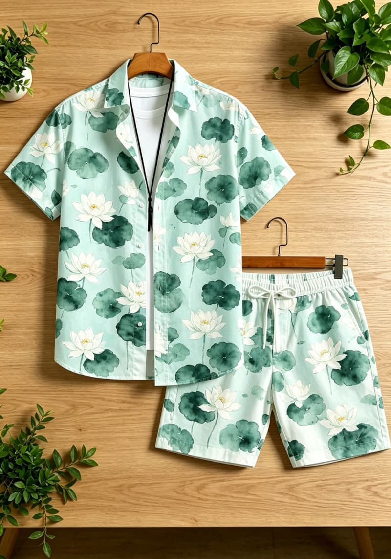 水彩花柄プリントのメンズツーピースセット、半袖シャツとドロー - Printed Floral Shirt のレビューと価格