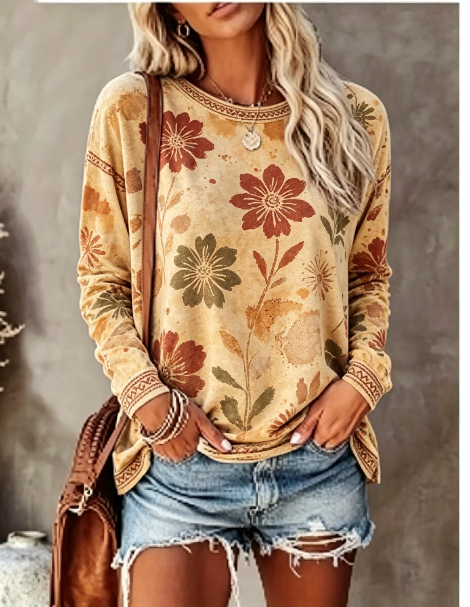 レディースクルーネック長袖Tシャツ、ヴィンテージフローラルロ - Printed Floral Shirt のレビューと価格