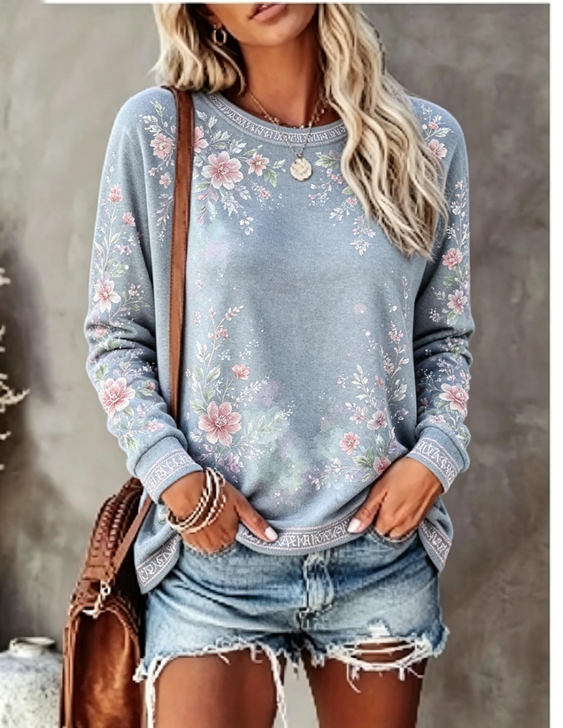 レディースクルーネック長袖Tシャツ、ヴィンテージフローラルロ - Printed Floral Shirt のレビューと価格