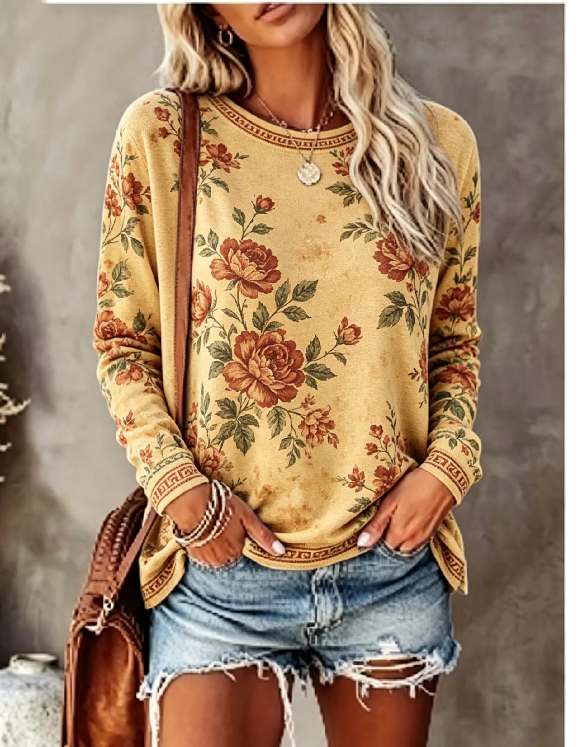 レディースクルーネック長袖Tシャツ、ヴィンテージフローラルロ - Printed Floral Shirt のレビューと価格