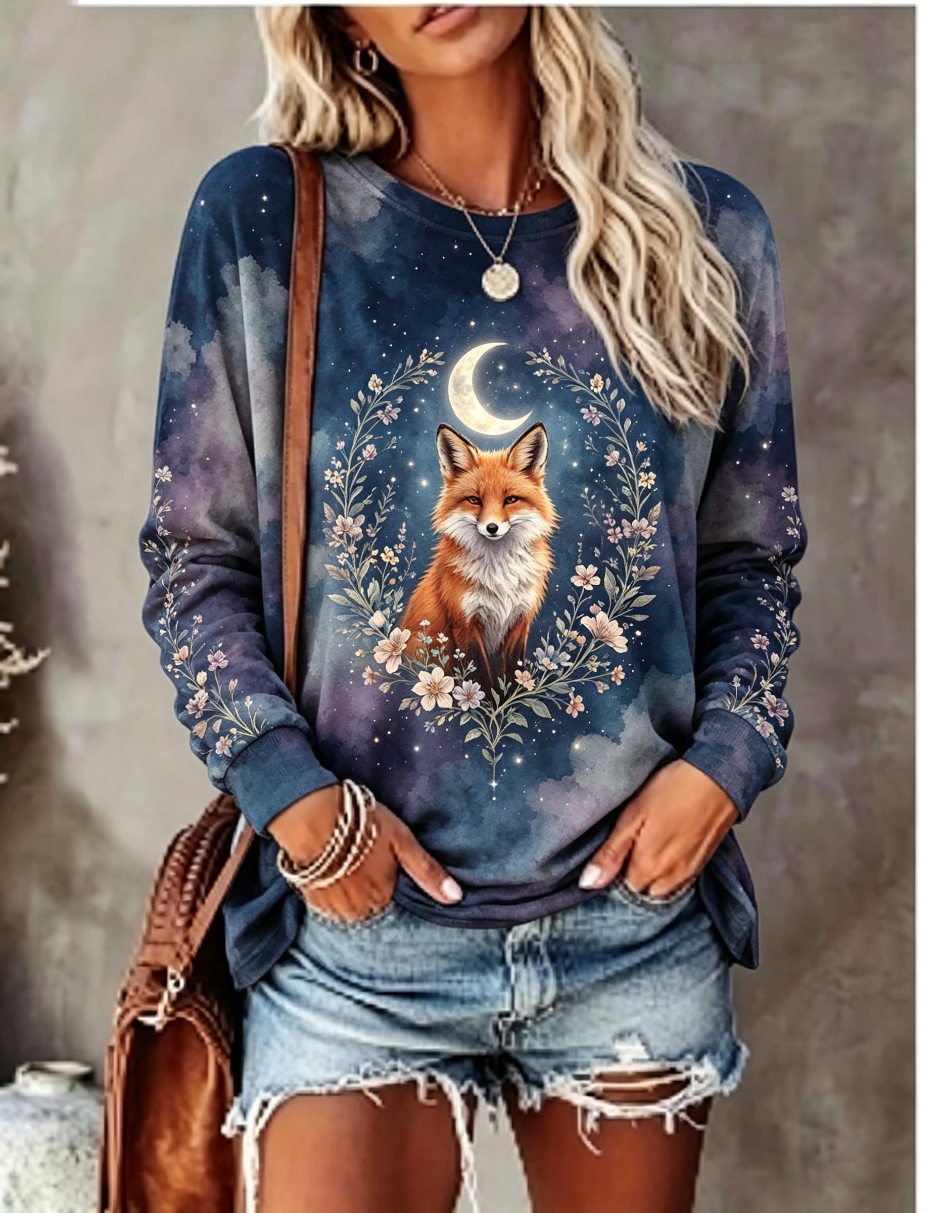 レディース 長袖Tシャツ、ウルフ（狼）の咆哮、満月、ワイルド - Printed Floral Shirt のレビューと価格