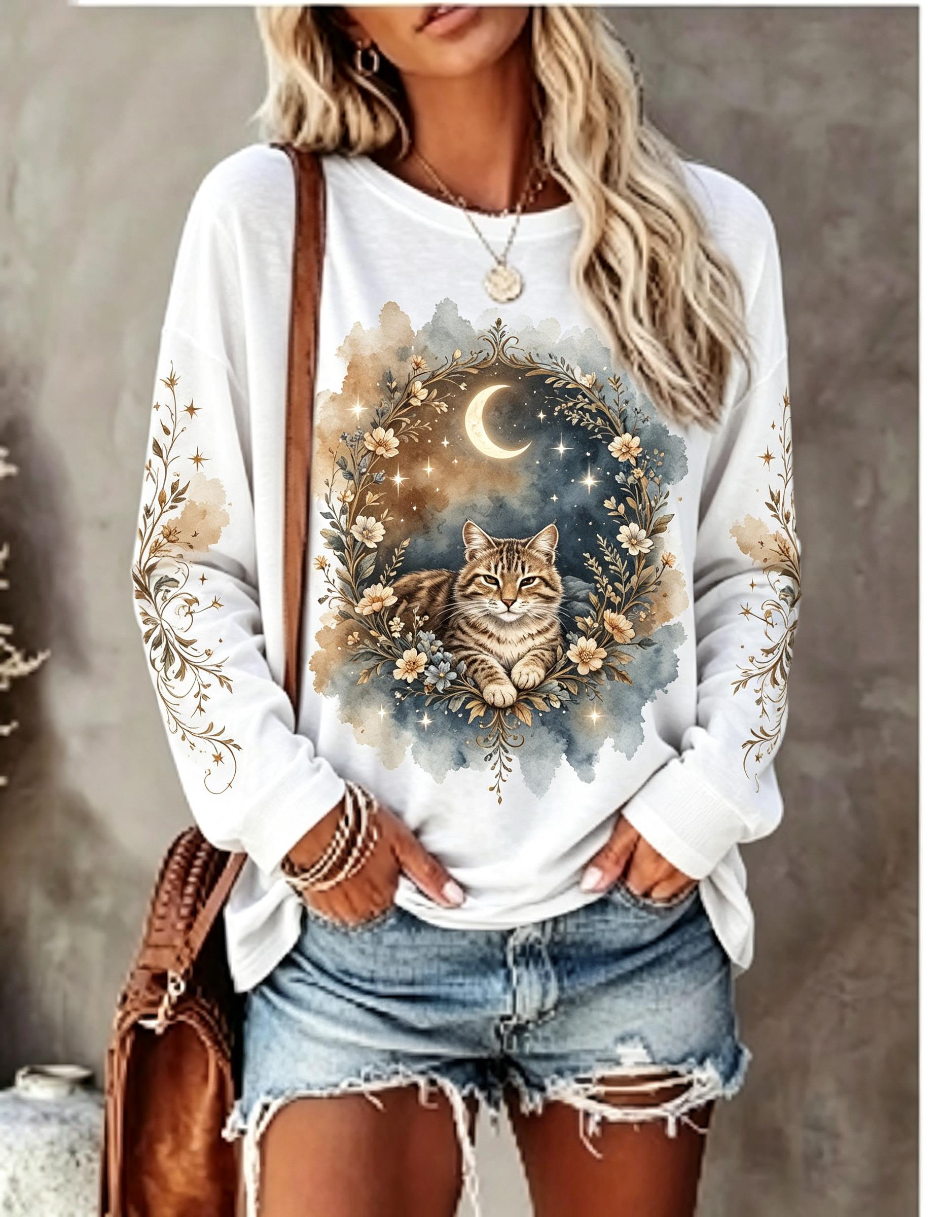 レディース 長袖Tシャツ、ウルフ（狼）の咆哮、満月、ワイルド - Printed Floral Shirt のレビューと価格