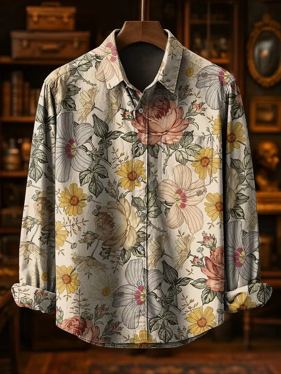 メンズファッション カジュアルファッション パッチワークデザ - Printed Floral Shirt のレビューと価格